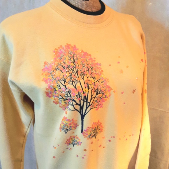 Golden Autumn Sweatshirt with Glittery Rose Gold Fall Tree Design Sz S - Picture 1 of 11